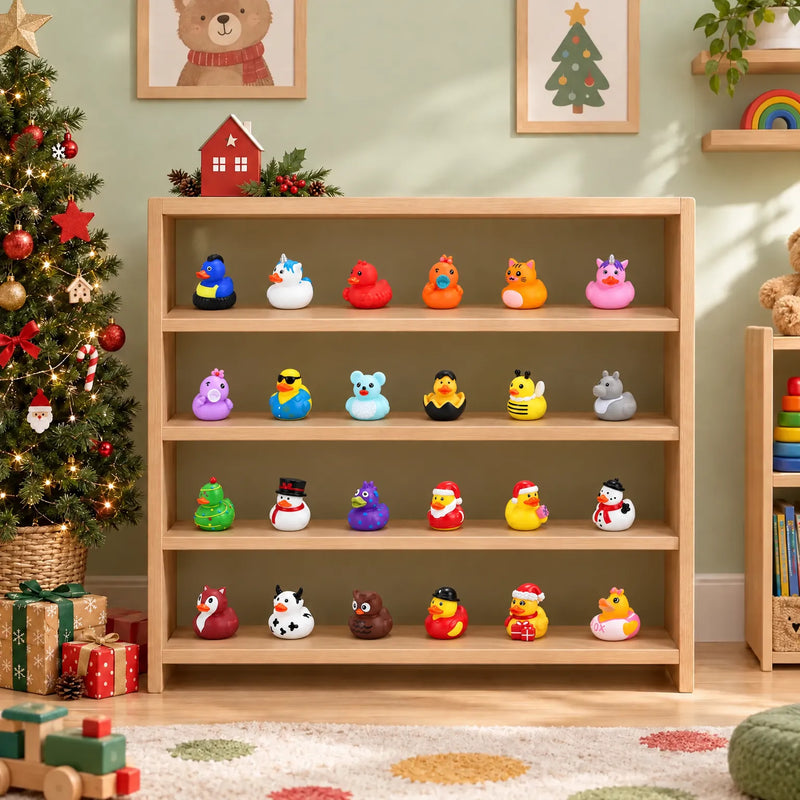 Twenty-four themed rubber ducks, from snowmen to unicorns, arranged on a wooden shelf beside a decorated Christmas tree and wrapped gifts. 1