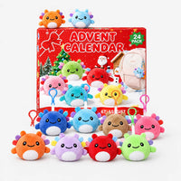 Red advent calendar box surrounded by colourful plush axolotl toys with clip-on hooks, with an inset of one clipped to a backpack. 2