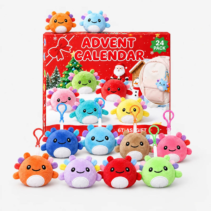 Red advent calendar box surrounded by colourful plush axolotl toys with clip-on hooks, with an inset of one clipped to a backpack. 2