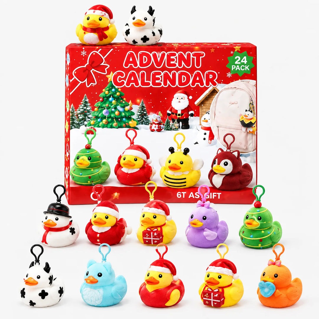 Red advent calendar box with plush duck toys on clip-on hooks in Santa, snowman, bee and cow styles, one shown on a backpack. 5