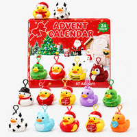 Red advent calendar box with plush duck toys on clip-on hooks in Santa, snowman, bee and cow styles, one shown on a backpack. 5