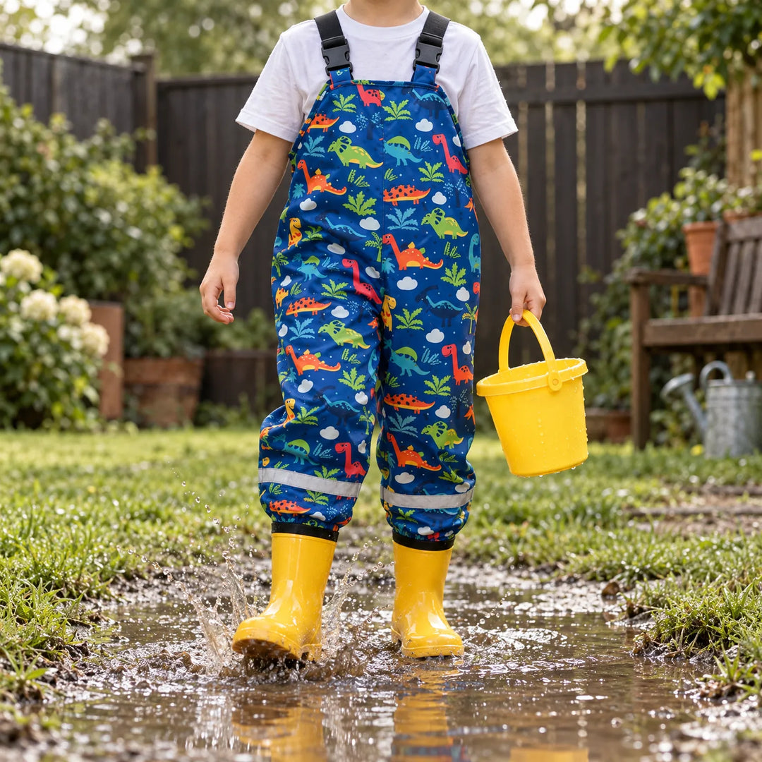 Child in blue dinosaur-print waterproof dungarees and yellow wellies splashing in a muddy garden puddle, holding a yellow bucket. 1