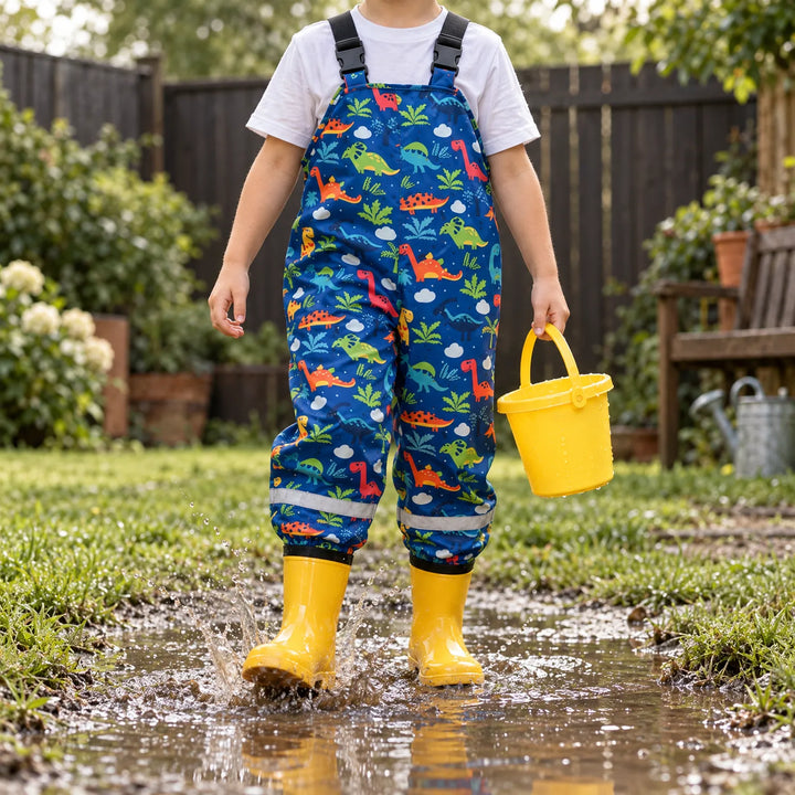 Child in blue dinosaur-print waterproof dungarees and yellow wellies splashing in a muddy garden puddle, holding a yellow bucket. 1