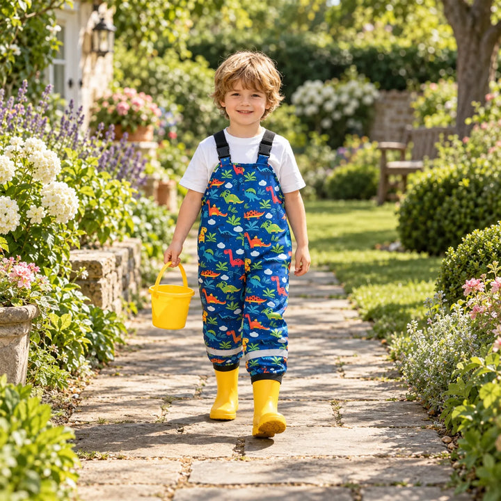 Smiling boy in blue dinosaur-print dungarees and yellow wellies walking along a sunny garden path carrying a yellow bucket. 3