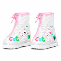 Pair of clear shoe covers with pink trim and drawstring toggles, a white cat print and a sneaker visible inside. 6