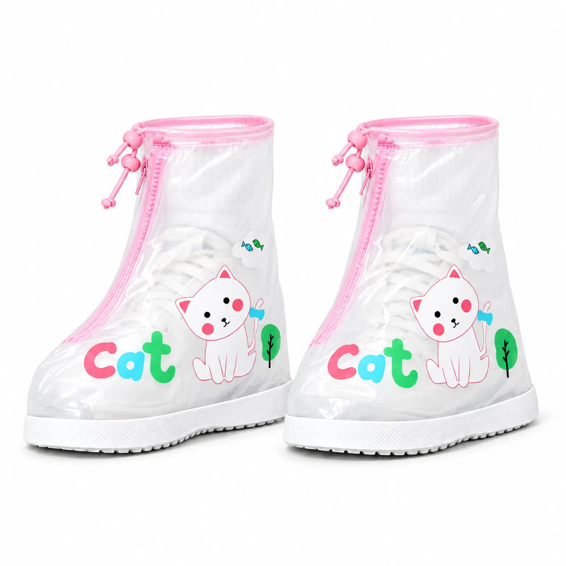 Pair of clear shoe covers with pink trim and drawstring toggles, a white cat print and a sneaker visible inside. 6
