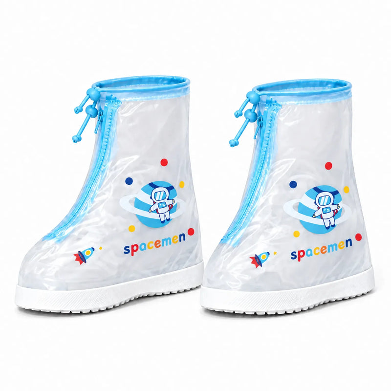 Pair of clear shoe covers with blue trim and drawstring toggles, an astronaut on a ringed planet and a small rocket print. 8