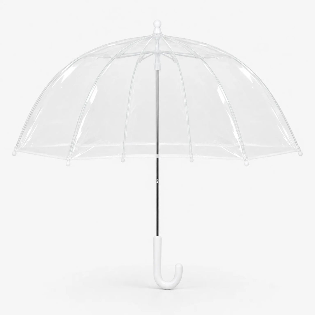 Clear dome umbrella with white ribs, white tips and a white curved handle, opened and shown front-on on a plain white background. 2
