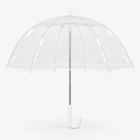 Clear dome umbrella with white ribs, white tips and a white curved handle, opened and shown front-on on a plain white background. 2