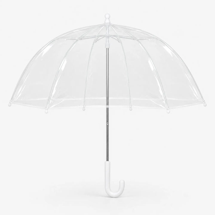 Clear dome umbrella with white ribs, white tips and a white curved handle, opened and shown front-on on a plain white background. 2