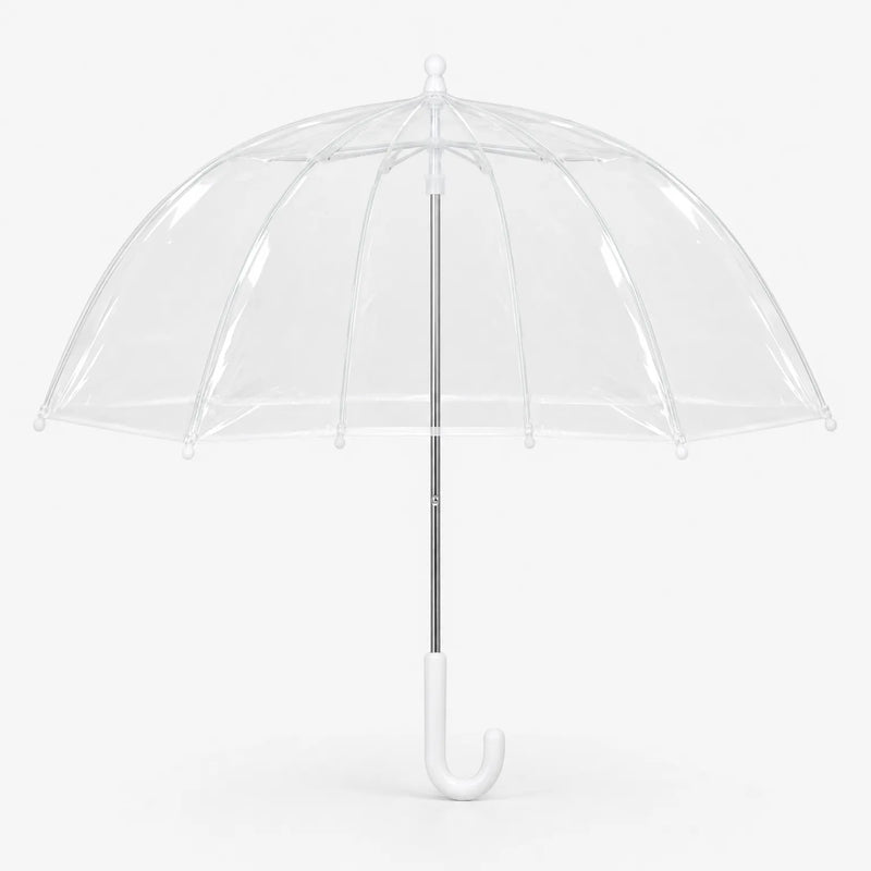 Clear dome umbrella with white ribs, white tips and a white curved handle, opened and shown front-on on a plain white background. 2