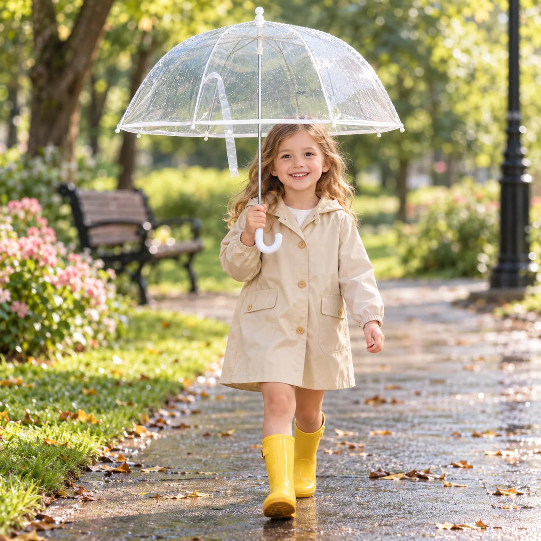 Girl in a beige hooded raincoat and yellow rain boots walks along a wet park path holding the clear umbrella. 3