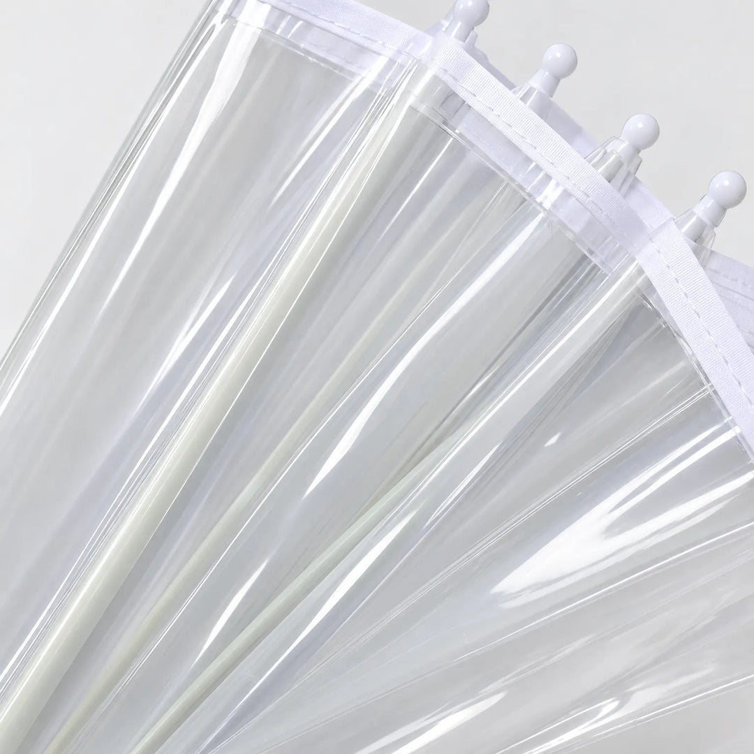 Close-up detail of the transparent canopy panels, white fabric trim along the edge and rounded white tips on the ribs. 4
