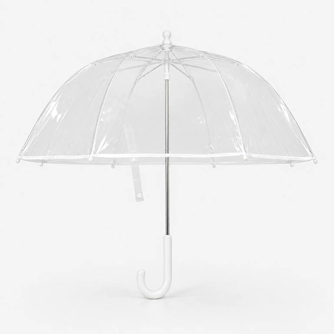 Clear dome umbrella with white frame and curved handle shown from slightly above, with a fastening strap hanging from the canopy edge. 5