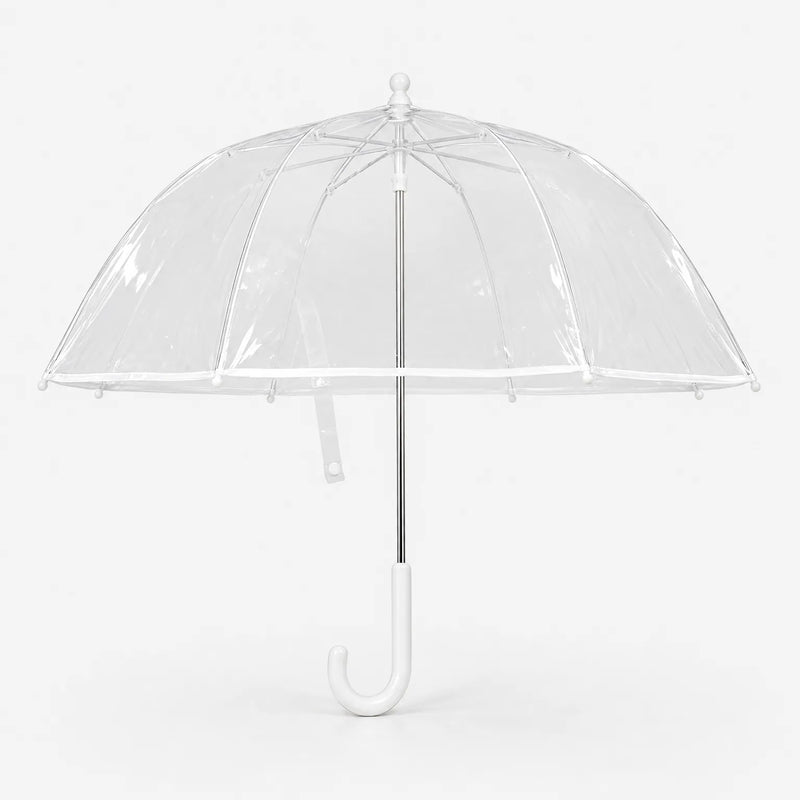 Clear dome umbrella with white frame and curved handle shown from slightly above, with a fastening strap hanging from the canopy edge. 5
