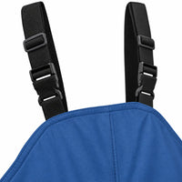 Close-up of the black adjustable shoulder straps with plastic buckles and sliders attached to the chest bib of blue dungarees. 6