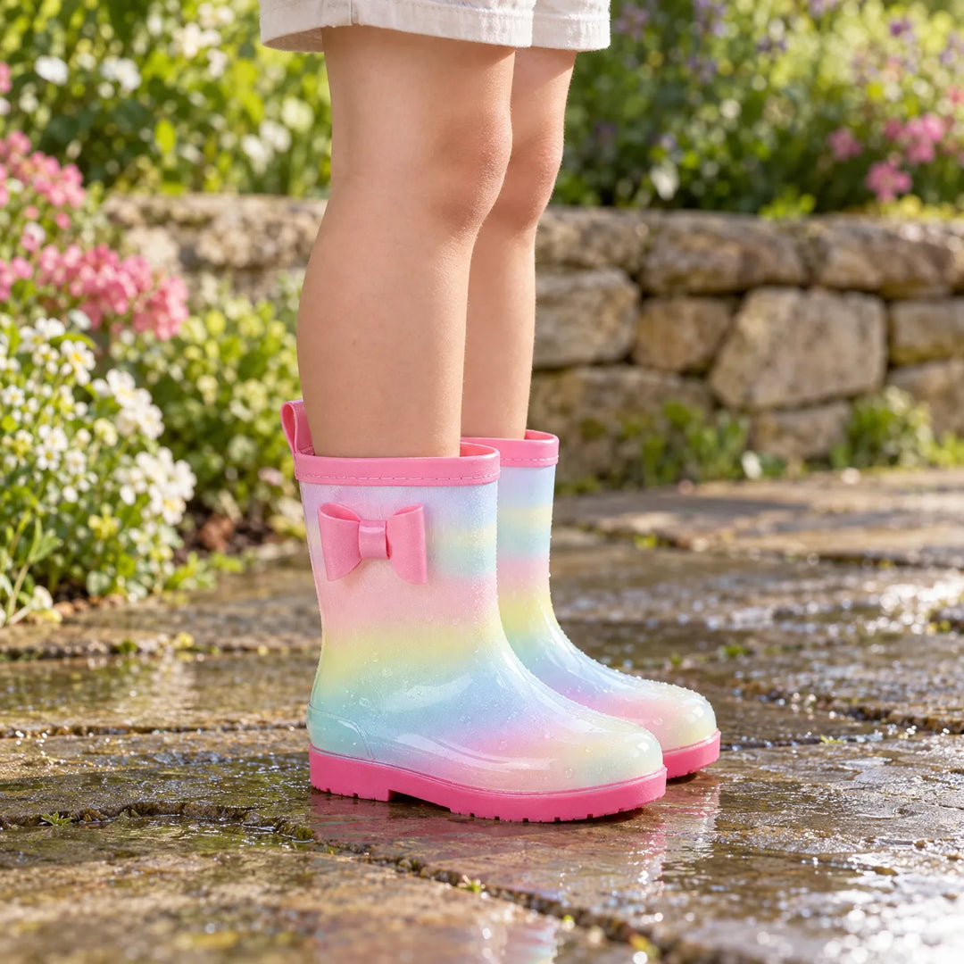 Child standing in rainbow-gradient wellies with a pink bow on a wet stone path beside a flower bed. 1