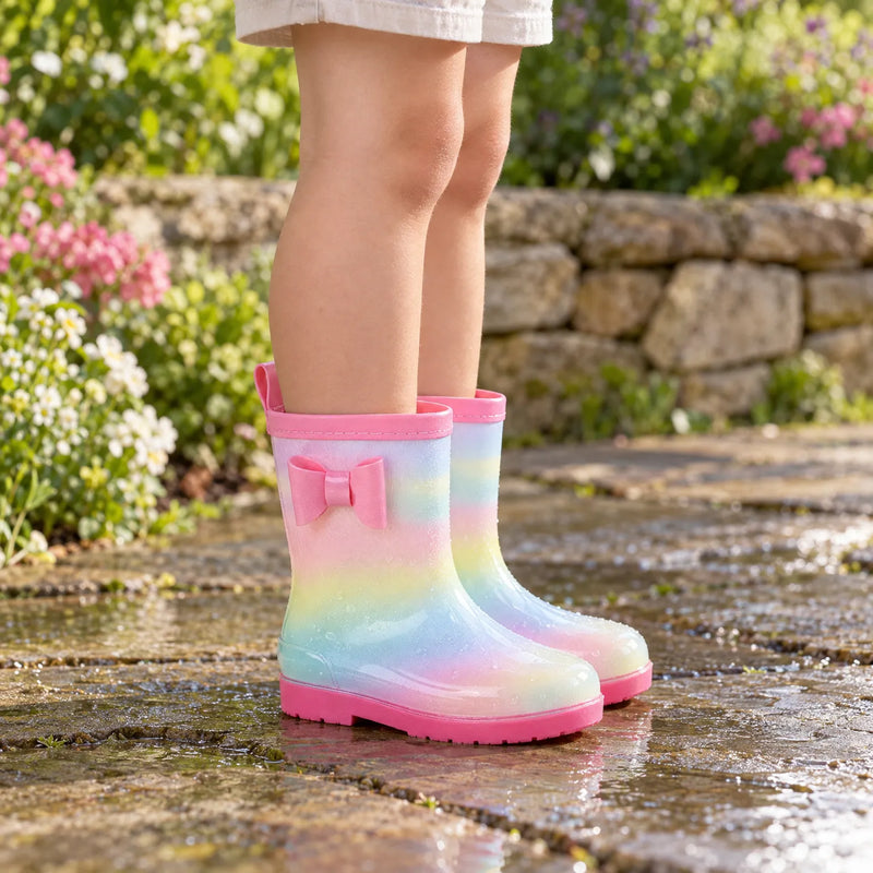 Child standing in rainbow-gradient wellies with a pink bow on a wet stone path beside a flower bed. 1