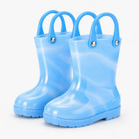 Pair of marbled light blue wellies with blue carry handles attached by rivets and a plain blue sole. 11