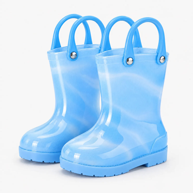 Pair of marbled light blue wellies with blue carry handles attached by rivets and a plain blue sole. 11