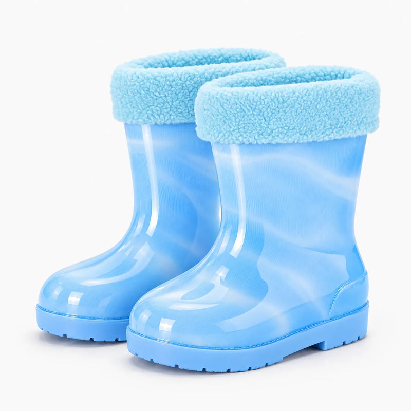 Pair of marbled blue wellies with a soft fluffy blue fleece cuff folded over the top. 12