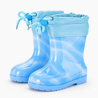 Pair of marbled blue wellies with a blue drawstring cuff and braided cord toggles. 13