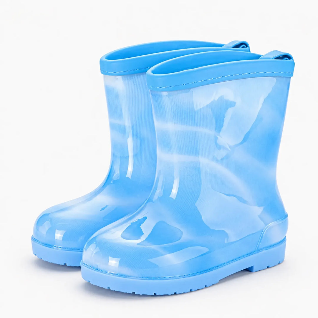 Pair of translucent marbled blue wellies with a plain blue trim and pull tabs at the back. 14