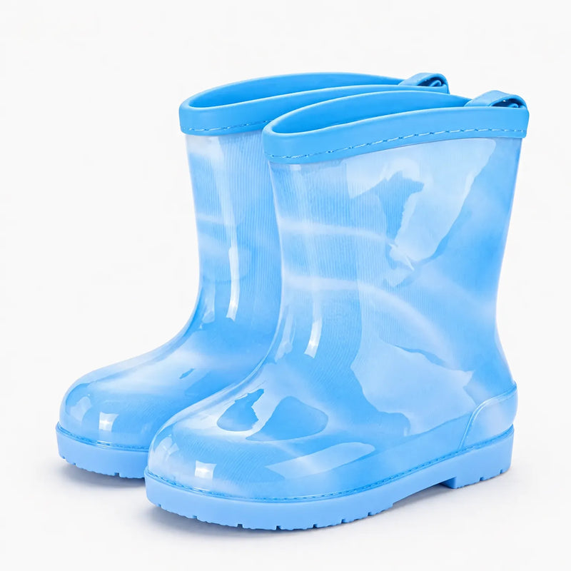 Pair of translucent marbled blue wellies with a plain blue trim and pull tabs at the back. 14