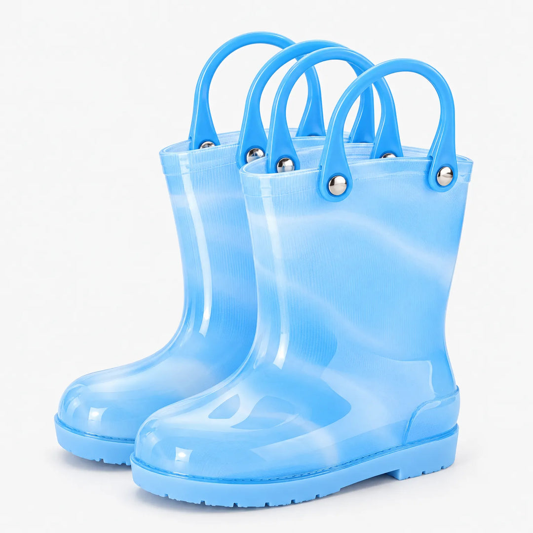 Pair of translucent light blue wellies with matching blue carry handles attached by metal rivets. 5