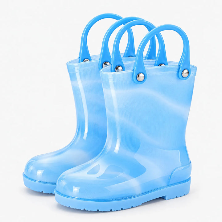 Pair of translucent light blue wellies with matching blue carry handles attached by metal rivets. 5