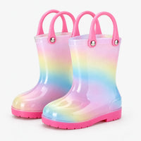 Pair of smooth pastel rainbow wellies with pink carry handles and pink soles, without a bow. 8
