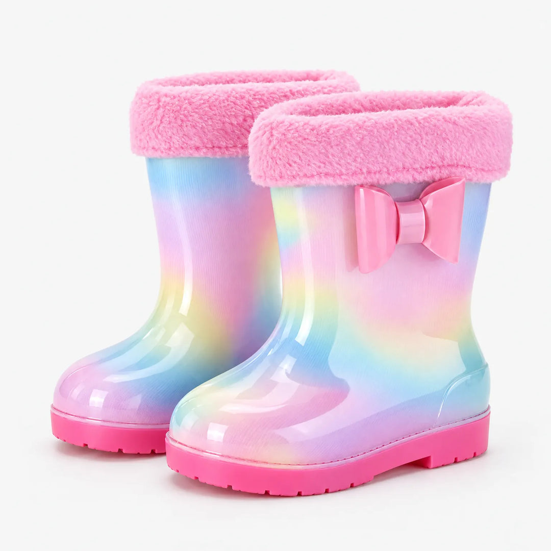 Pair of rainbow wellies with a fluffy pink fleece-lined cuff and a pink bow on the side. 9