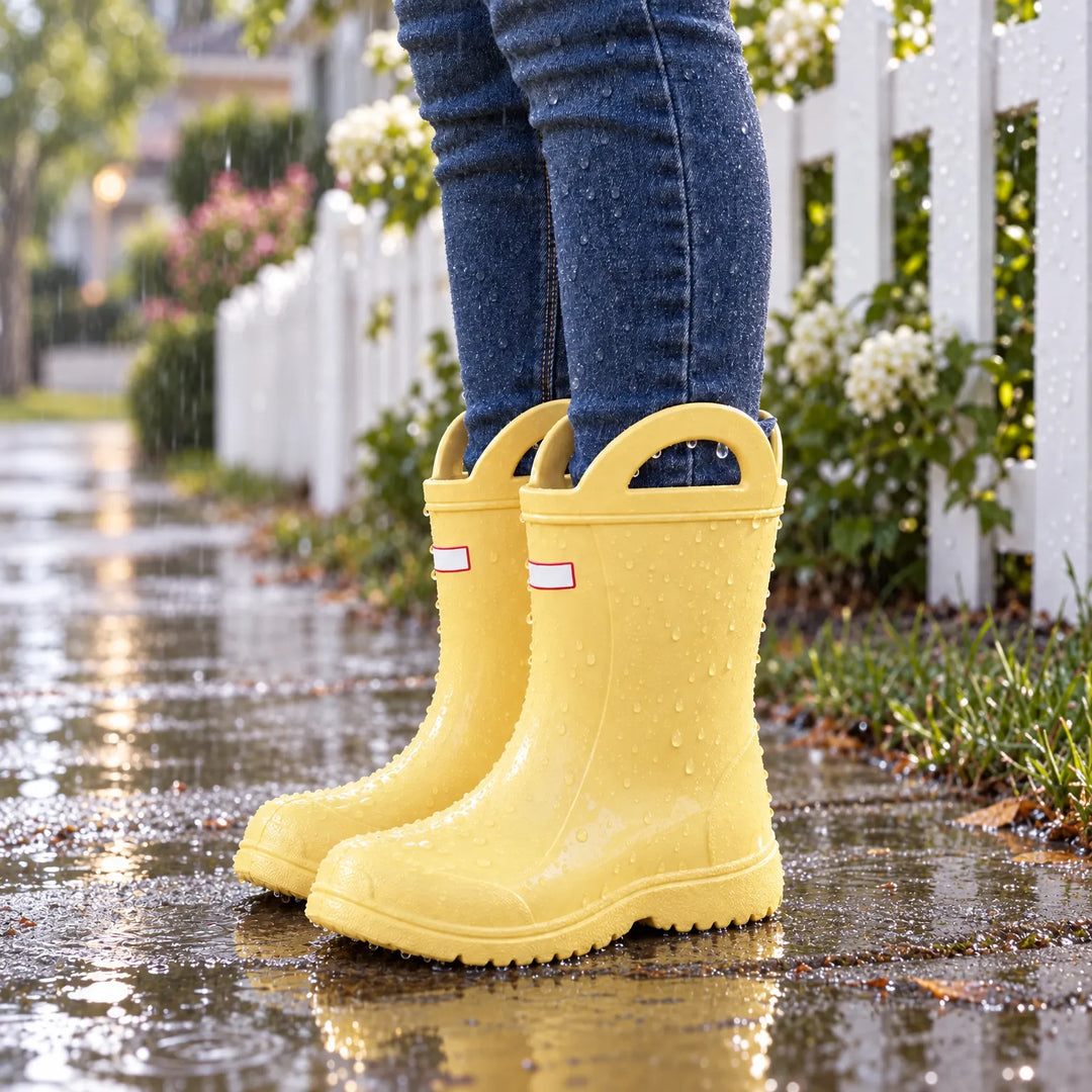 Child standing in yellow wellies with handles on a rainy pavement, raindrops beading on the boots and jeans beside a white fence. 1
