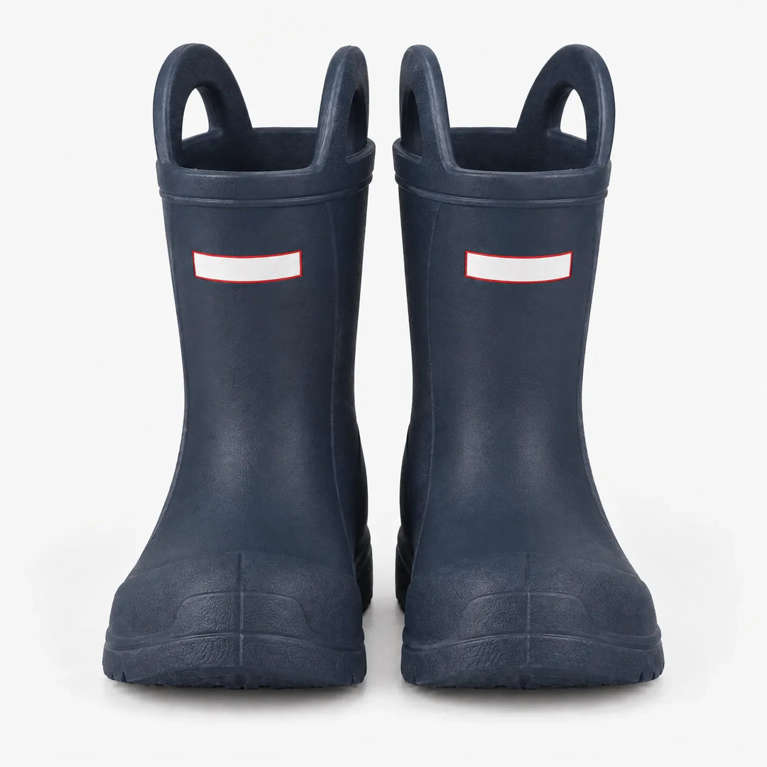 Second front view of the navy blue wellies with handles, showing the matte finish and textured toe caps on white. 10