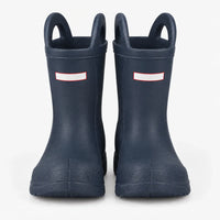 Second front view of the navy blue wellies with handles, showing the matte finish and textured toe caps on white. 10