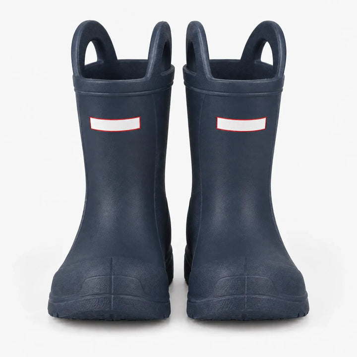 Second front view of the navy blue wellies with handles, showing the matte finish and textured toe caps on white. 10