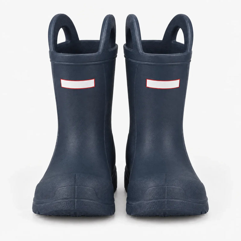 Second front view of the navy blue wellies with handles, showing the matte finish and textured toe caps on white. 10