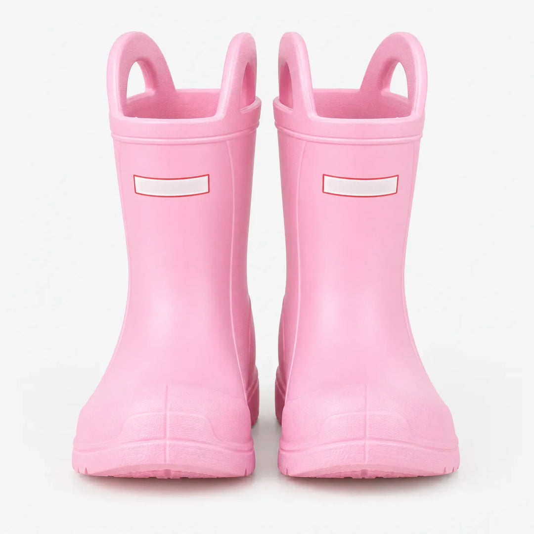 Front view of a pair of pink wellies with two pull-on handles, studio shot on a plain white background. 2