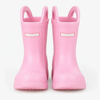 Front view of a pair of pink wellies with two pull-on handles, studio shot on a plain white background. 2