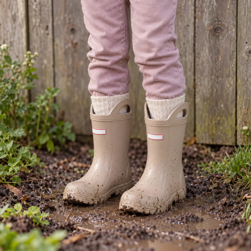 Child wearing muddy beige wellies with handles over cream socks, standing in a muddy garden patch by a wooden fence. 3
