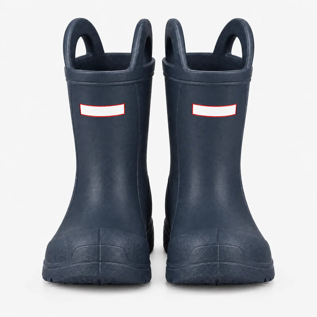 Front view of a pair of navy blue wellies with pull-on handles and a reinforced toe cap, shown on white. 4