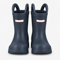 Front view of a pair of navy blue wellies with pull-on handles and a reinforced toe cap, shown on white. 4