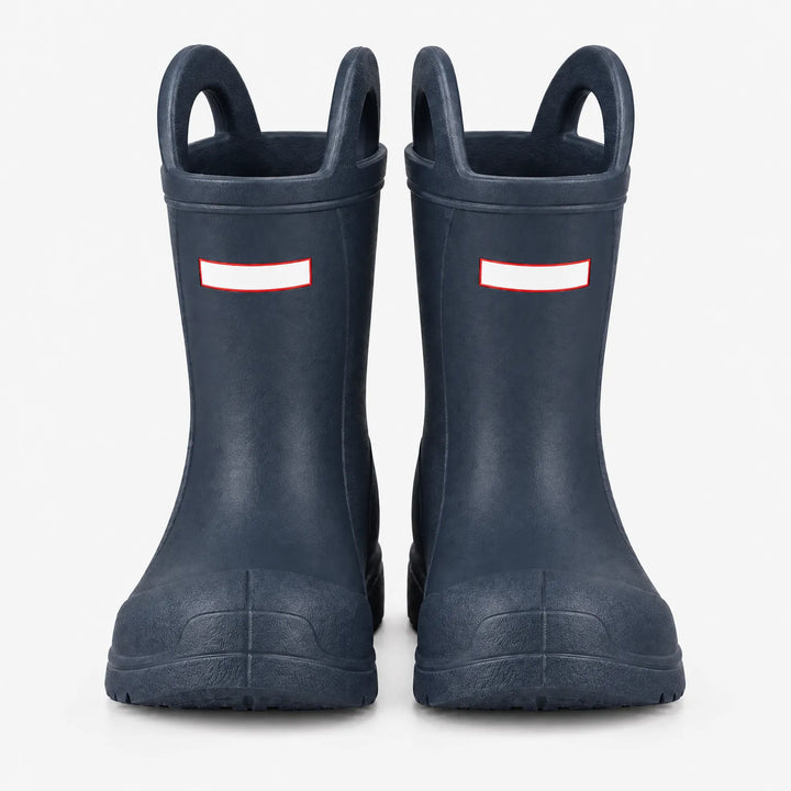 Front view of a pair of navy blue wellies with pull-on handles and a reinforced toe cap, shown on white. 4