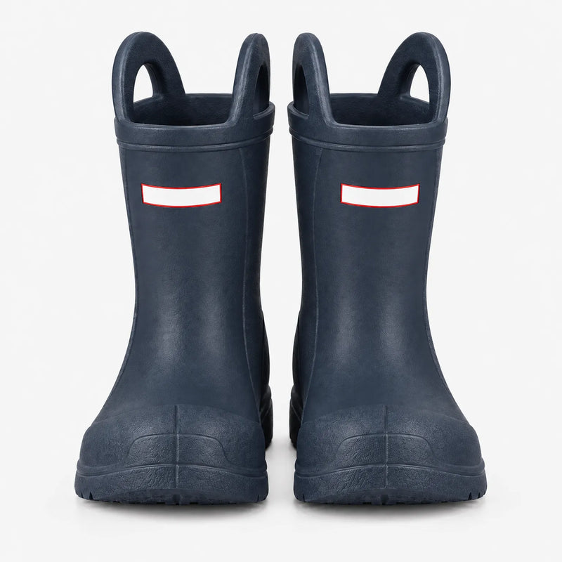 Front view of a pair of navy blue wellies with pull-on handles and a reinforced toe cap, shown on white. 4