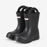 Black wellies with handles shown at a three-quarter angle, revealing the side profile, toe cap and chunky tread sole. 5