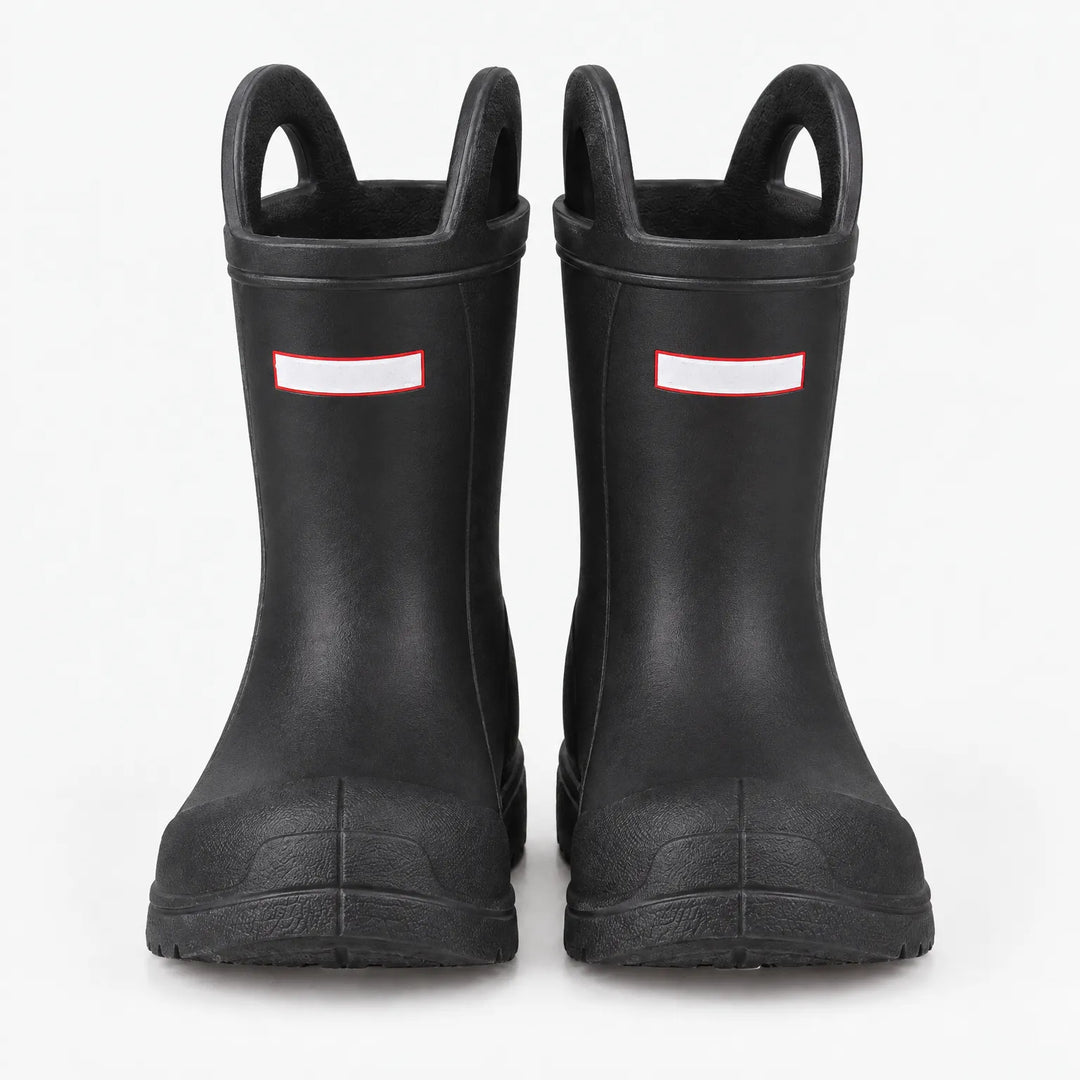 Front view of a pair of black wellies with two pull-on handles and a reinforced toe, against a white background. 8