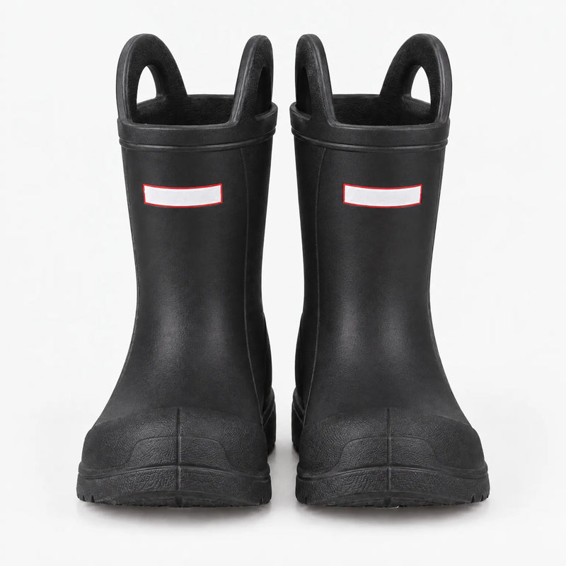 Front view of a pair of black wellies with two pull-on handles and a reinforced toe, against a white background. 8