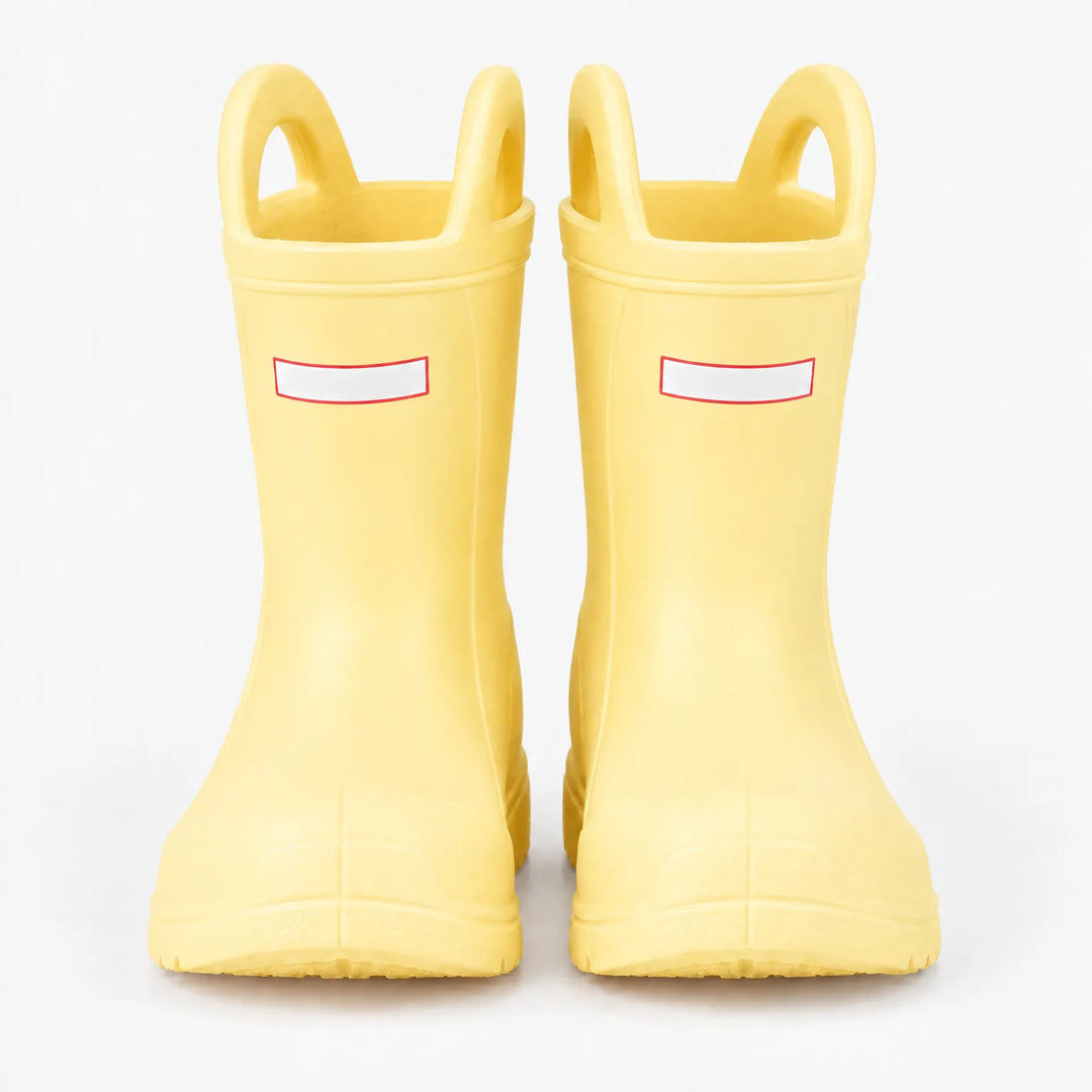 Front view of a pair of pale yellow wellies with pull-on handles, photographed on a plain white background. 9
