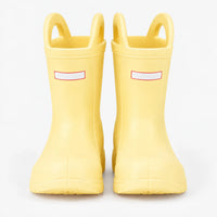 Front view of a pair of pale yellow wellies with pull-on handles, photographed on a plain white background. 9