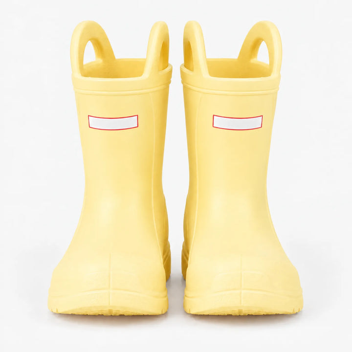 Front view of a pair of pale yellow wellies with pull-on handles, photographed on a plain white background. 9